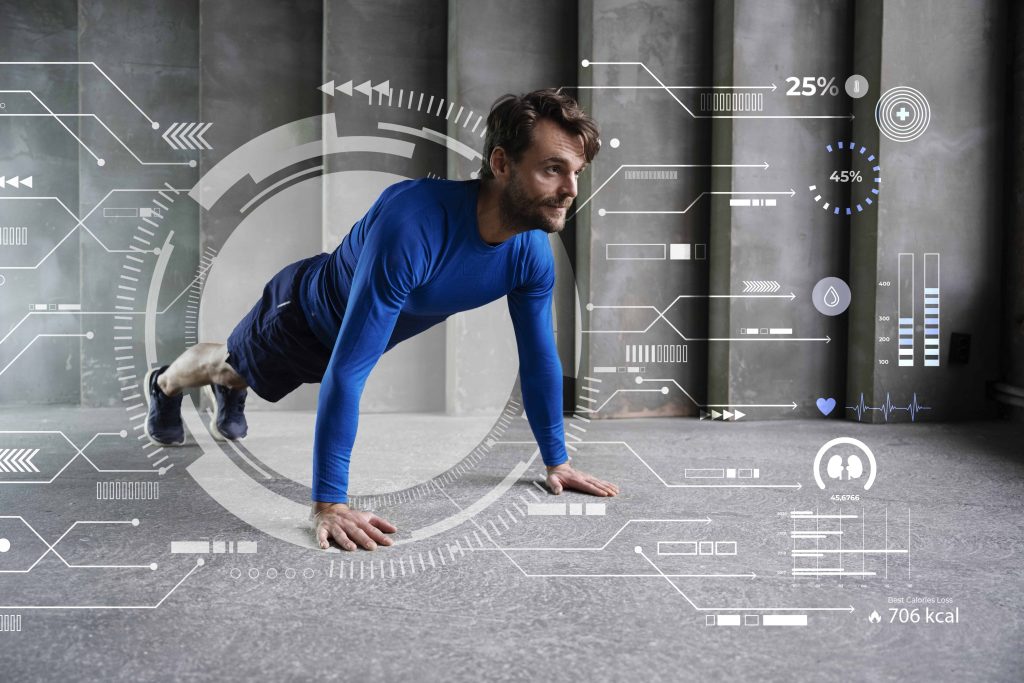 a photo of a man doing plank with stats around him to represent sport club management system