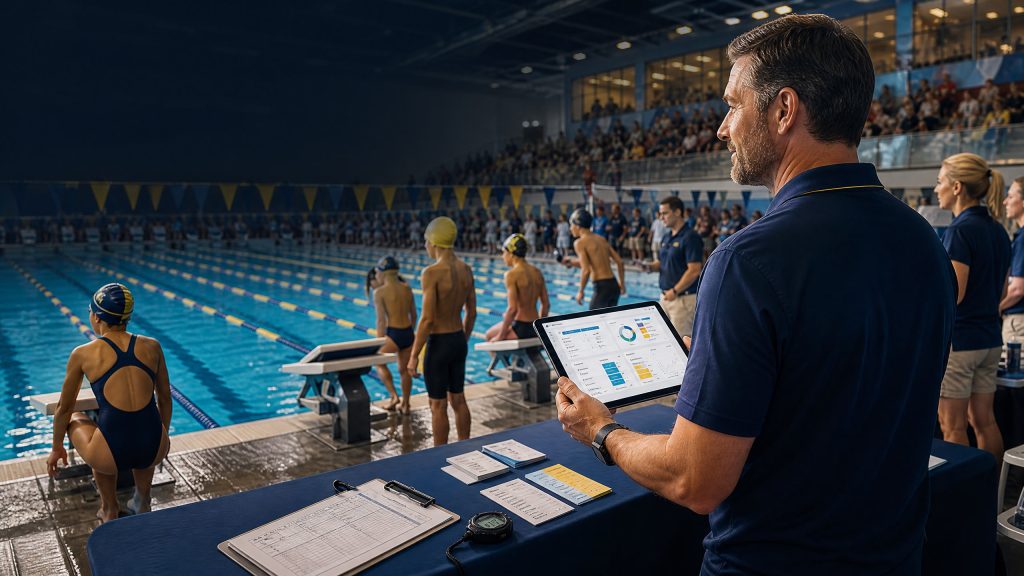 Coach using a digital dashboard while managing a youth swim meet