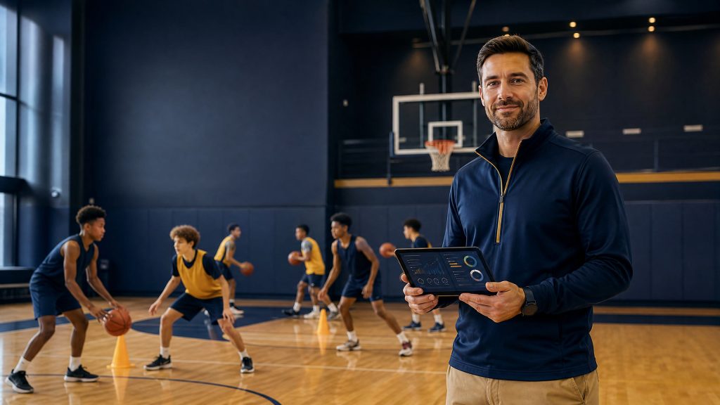 Basketball coach using club management software beside a youth training session
