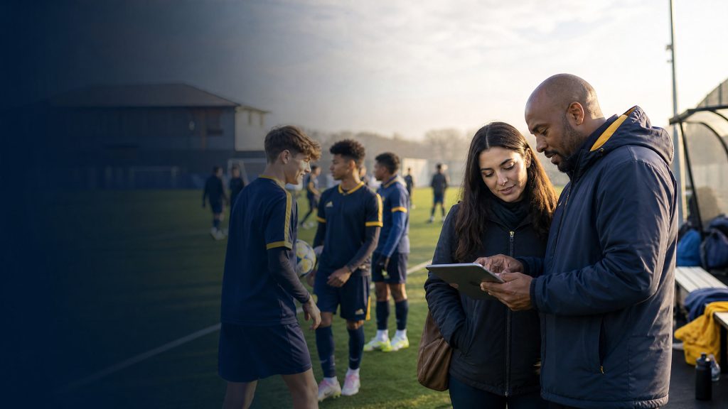 Coach and club administrator managing youth football academy player registration workflow at a youth sports session