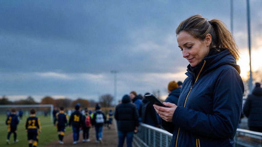 Coach and club administrator managing youth football matchday parent communication app at a youth sports session