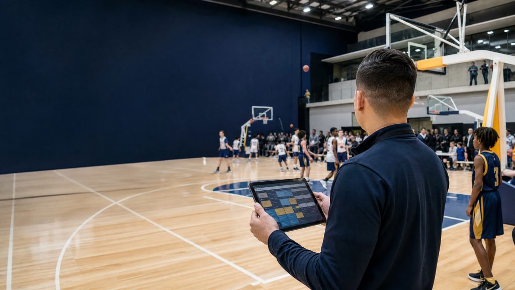 Coach and club administrator managing youth basketball tournament scheduling software at a youth sports session