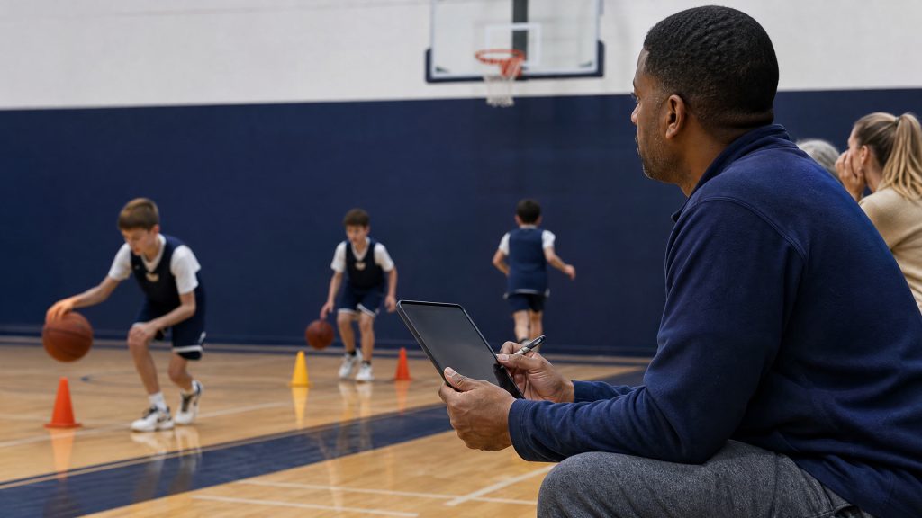 Coach and club administrator managing youth basketball tryout registration and player evaluation software at a youth sports session