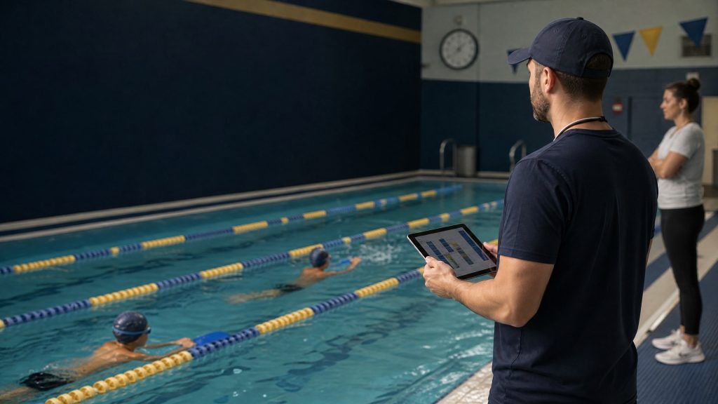 Coach and club administrator managing age-group swim squad attendance software at a youth sports session