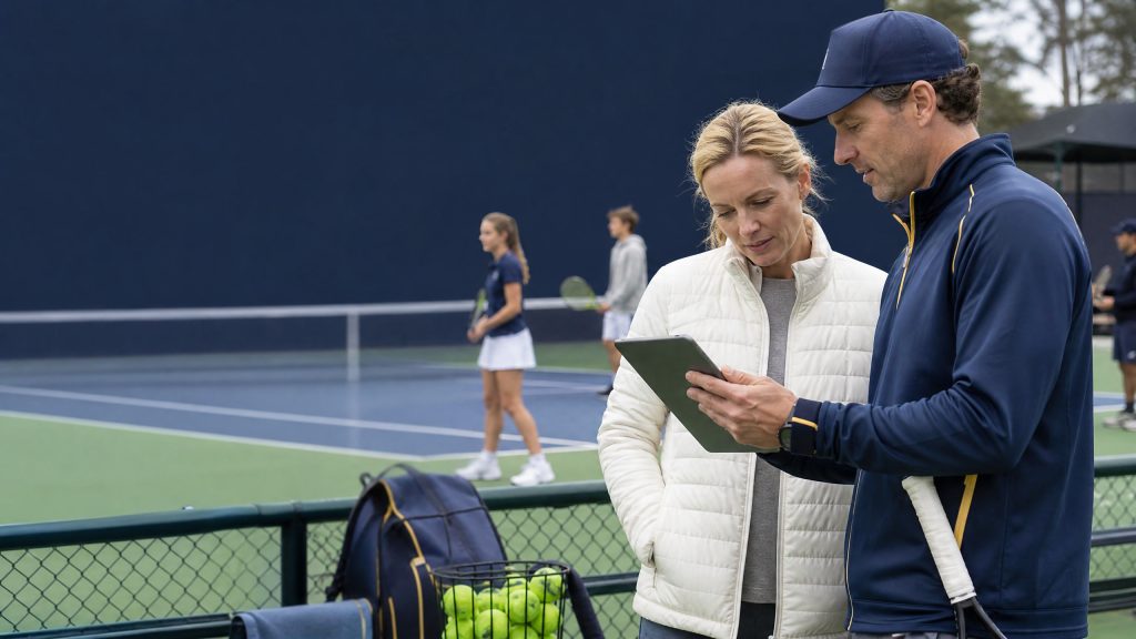 Coach and club administrator managing junior tennis tournament scheduling software at a youth sports session