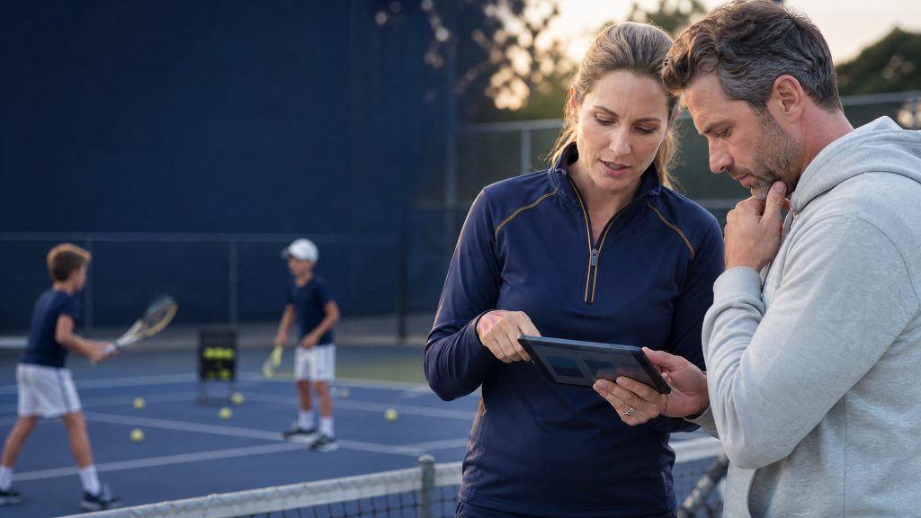 Coach and club administrator managing junior tennis academy membership and recurring fee management software at a youth sports session