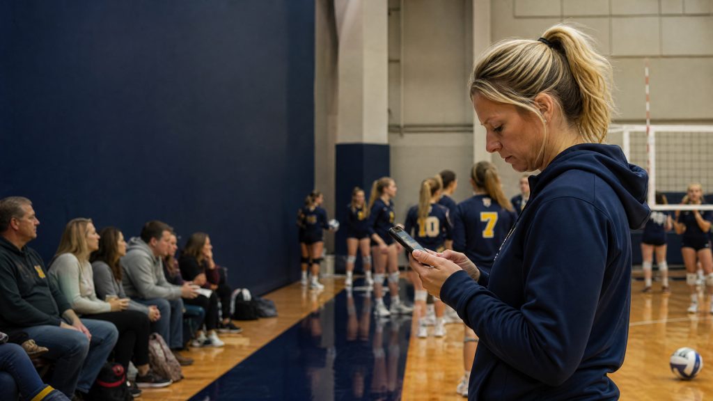 Coach and club administrator managing youth volleyball team communication app at a youth sports session