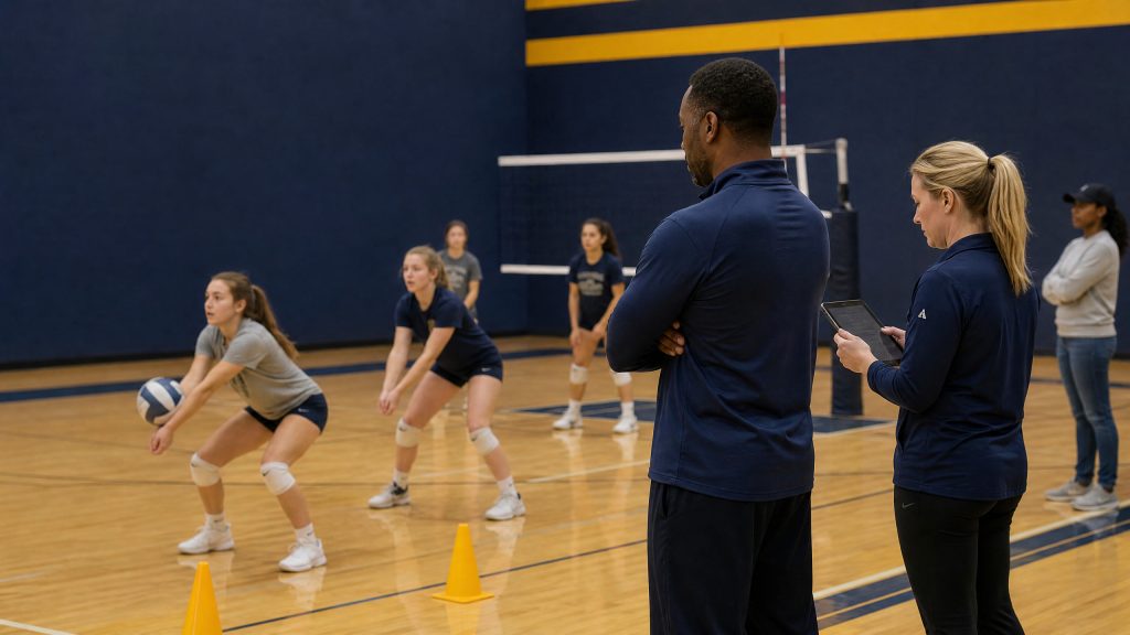 Coach and club administrator managing youth volleyball tryout evaluation and roster management at a youth sports session