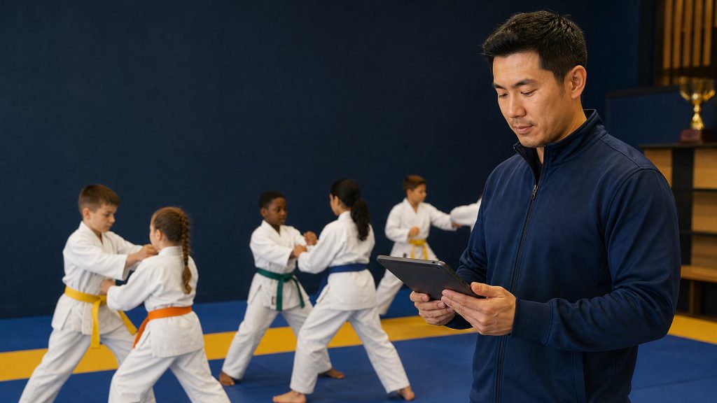 Coach and club administrator managing youth martial arts belt grading software at a youth sports session