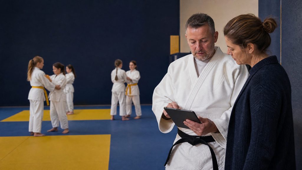 Coach and club administrator managing judo club membership renewal management at a youth sports session